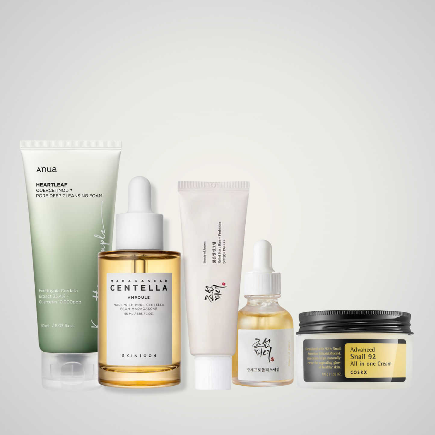 K-Beauty Starter Kit – beginner-friendly Korean skincare set with Anua cleanser, Centella ampoule, Beauty of Joseon serums, and COSRX cream by Gaia K-Beauty