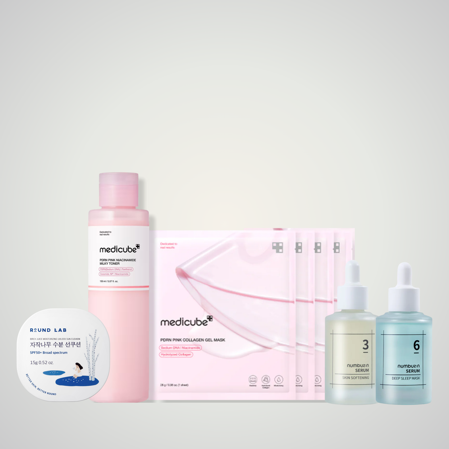 Overnight Renewal Ritual – medicube PDRN toner & collagen gel masks with Numbuzin serums and Round Lab sun cushion by Gaia K-Beauty