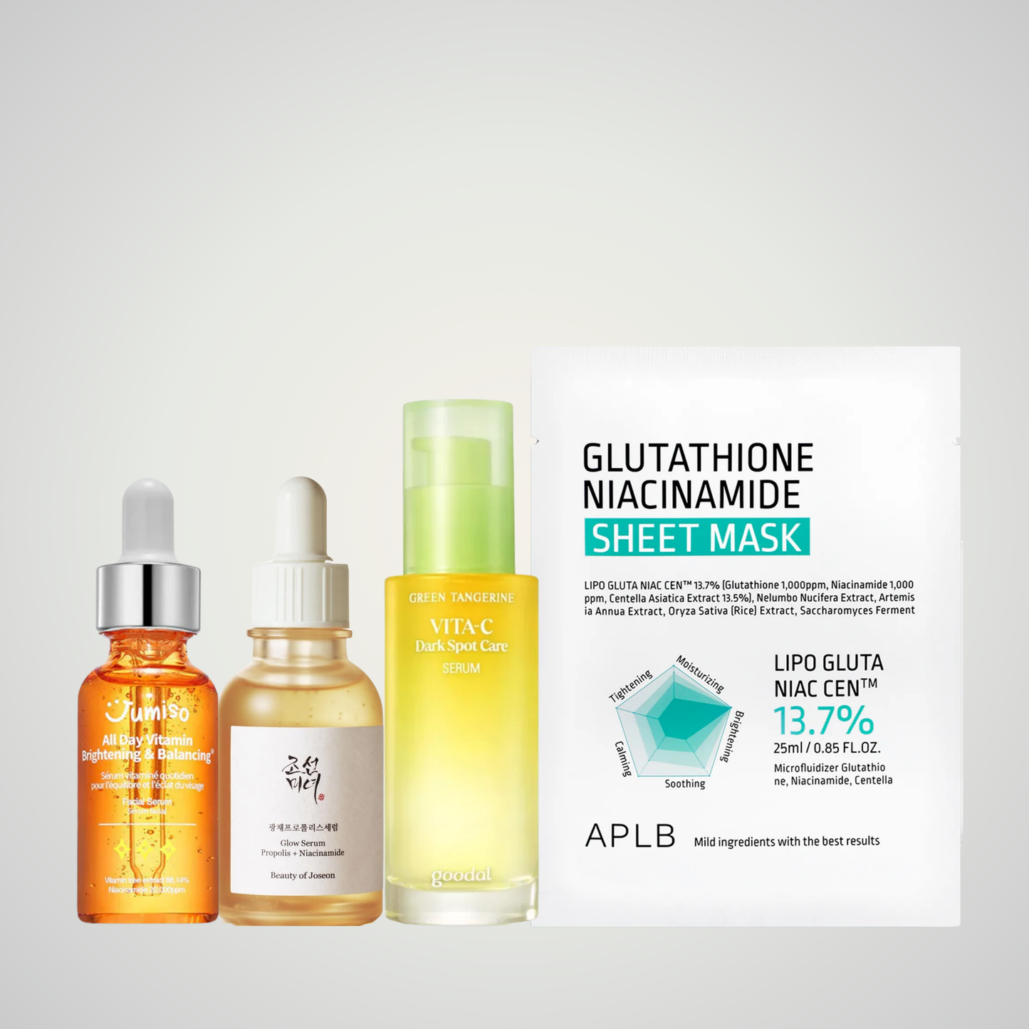 Radiant Glow Gift Set by Gaia K-Beauty — brightening skincare set with vitamin C, niacinamide, and glutathione sheet mask for radiant, even-toned skin.