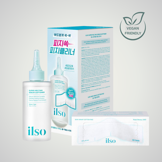 ILSO Super Melting Sebum Softener Set featuring pore care solution bottle, packaging box, and cotton pads with vegan-friendly icon on a clean light gray background.