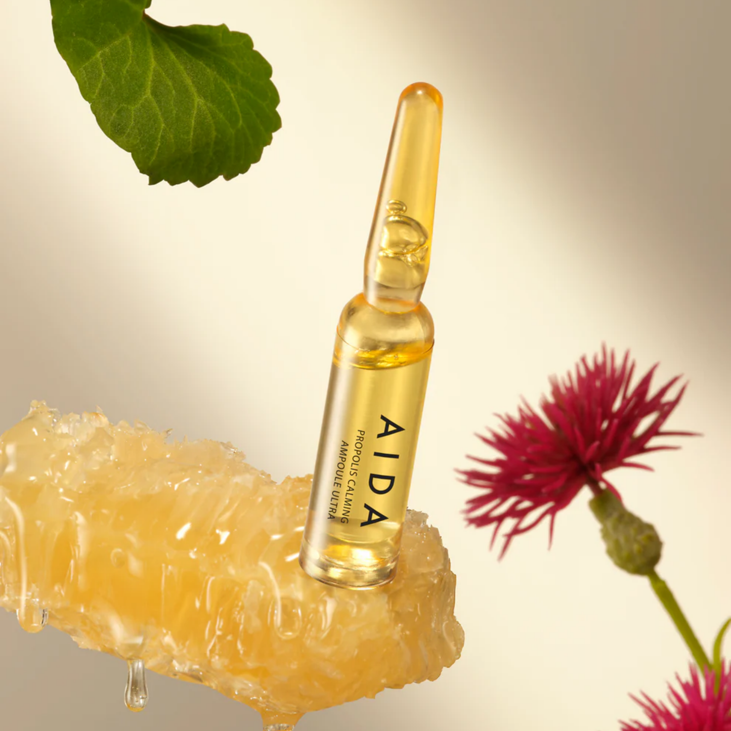AIDA Propolis Calming Ampoule Ultra ampoule placed with honeycomb and flower – natural antioxidant skincare