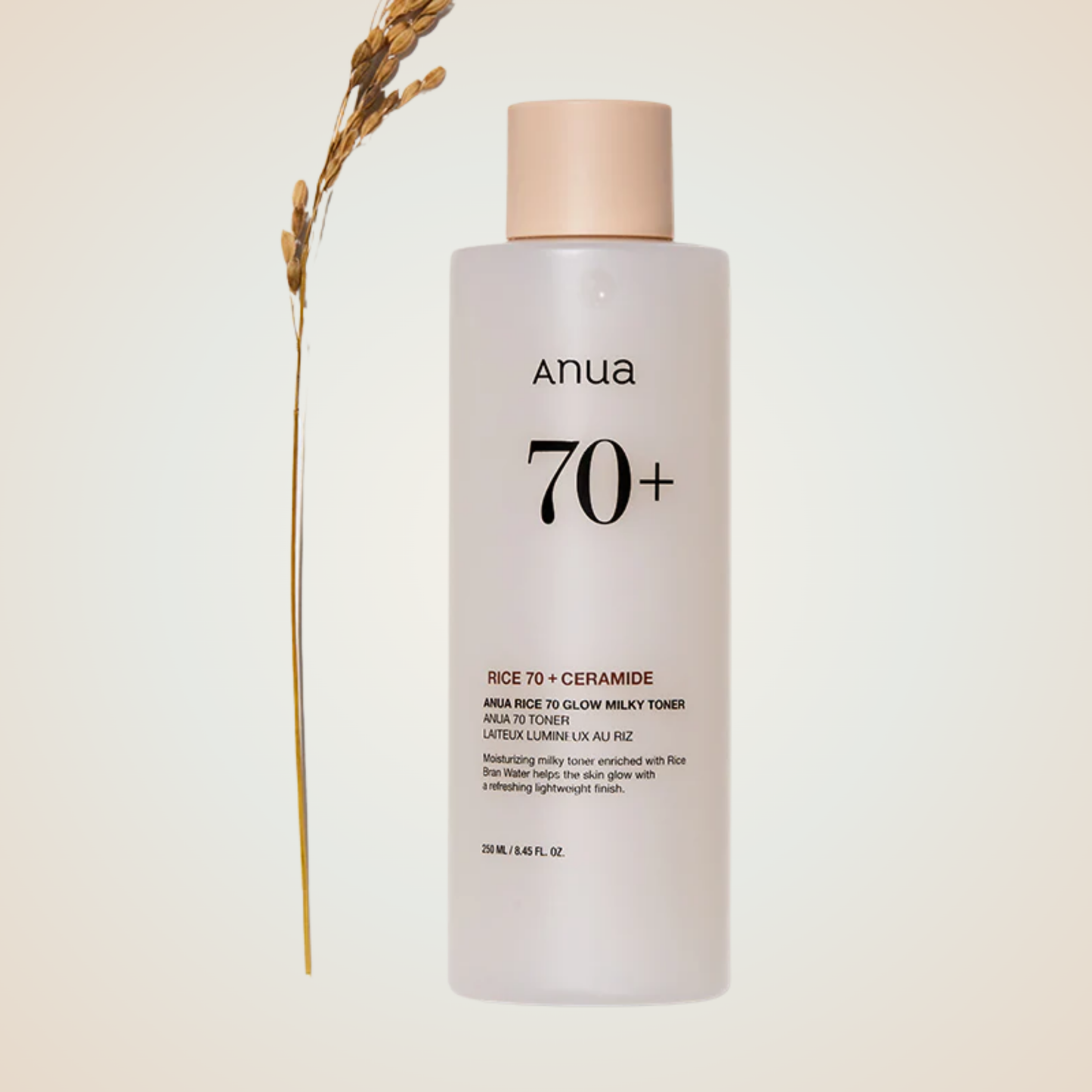 Anua Rice 70 Glow Milky Toner bottle close-up – minimalist design with rice-infused hydration