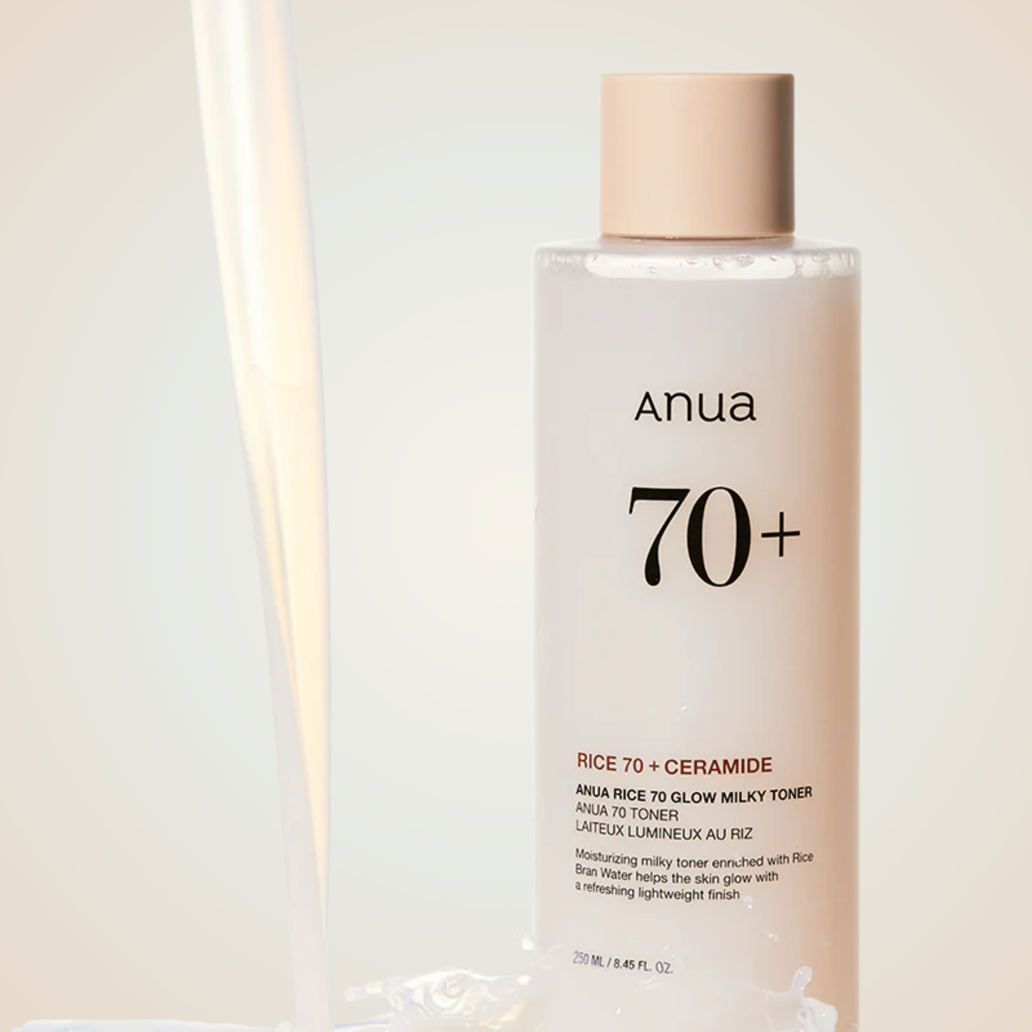 Texture of Anua Rice 70 Glow Milky Toner – lightweight, milky liquid that melts into skin for instant moisture