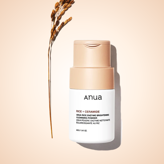 Anua Rice Enzyme Brightening Cleansing Powder with rice grain – brightening powder cleanser for smooth, clear skin.