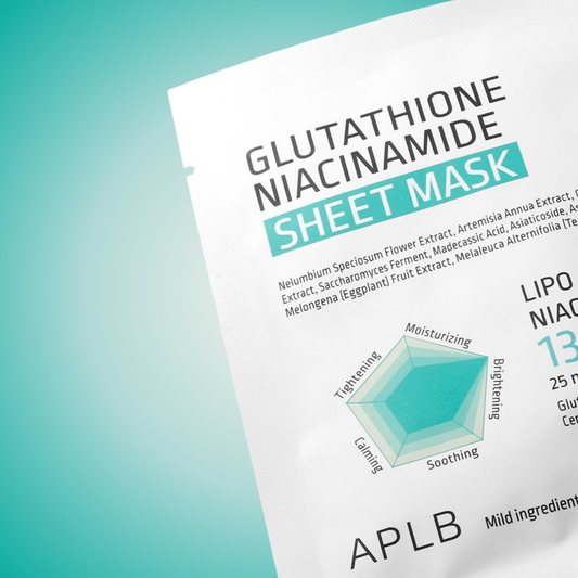 Close-up of APLB Glutathione Niacinamide Sheet Mask packaging – brightening sheet mask with glutathione and niacinamide.