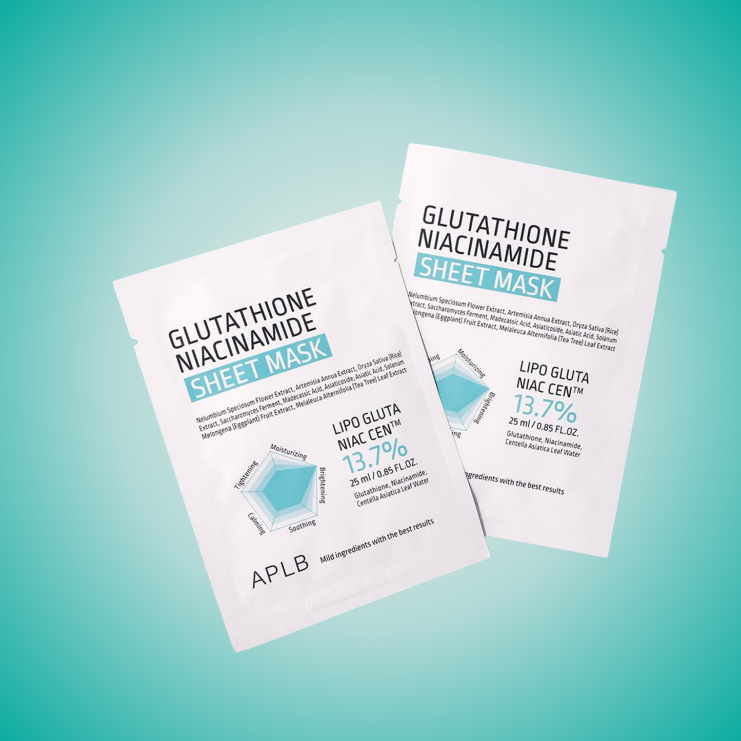 APLB Glutathione Niacinamide Sheet Mask styled shot – brightening and soothing sheet mask for even skin tone.