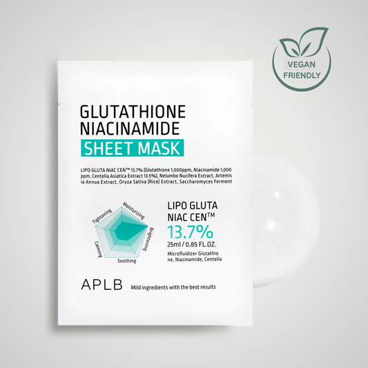 APLB Glutathione Niacinamide Sheet Mask 25ml – vegan friendly brightening mask for radiant, hydrated skin.