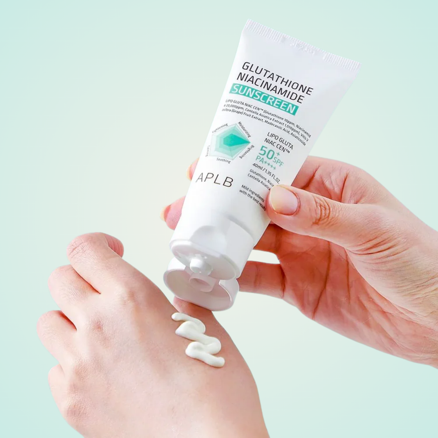 APLB Glutathione Niacinamide Sunscreen – SPF50+ PA++++ daily protection applied on skin.