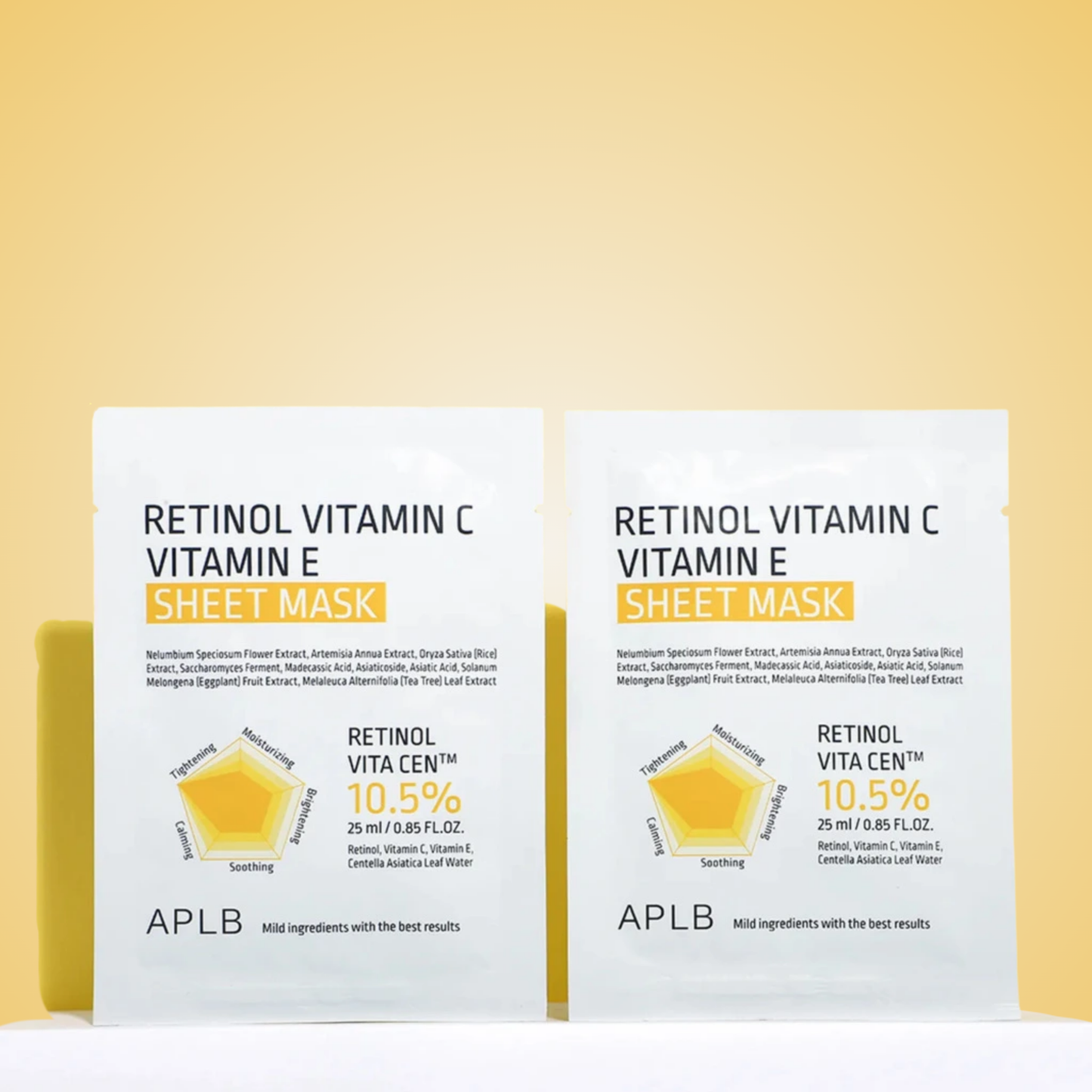 APLB Retinol and Vitamin C Sheet Mask display – hydrating and revitalizing glow mask for all skin types