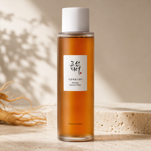 Beauty of Joseon Ginseng Essence Water 150ml displayed on warm travertine with soft morning sunlight and ginseng root in a premium Korean skincare hero photo.