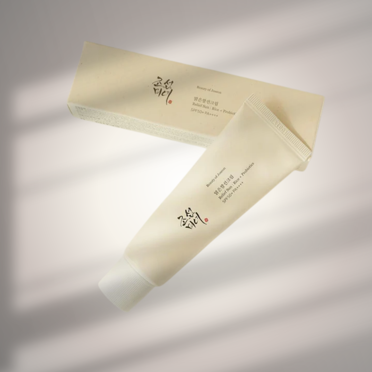 Beauty of Joseon Relief Sun 50ml with packaging box – nourishing sunscreen with rice extract and probiotics.
