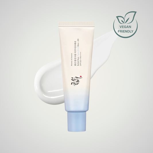 Beauty of Joseon Relief Sun Aqua-Fresh Rice + B5 SPF50+ PA++++ sunscreen tube with vegan-friendly icon