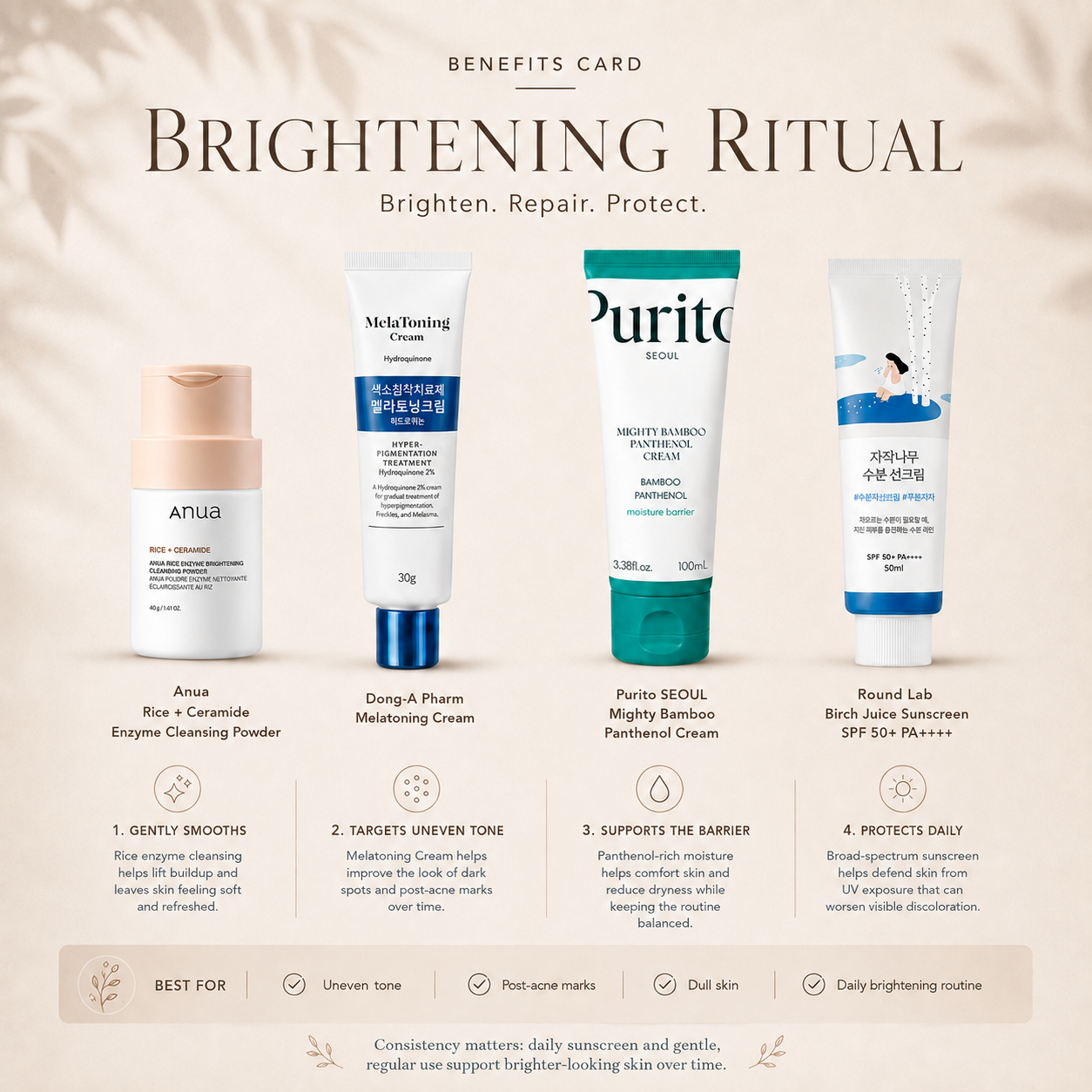 Brightening Ritual benefits including brighter-looking skin, more even-looking tone, soothing hydration, barrier support, and daily SPF 50+ sun protection.