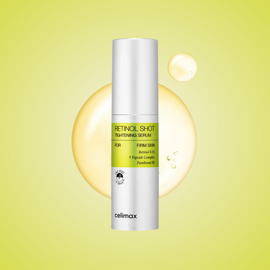 celimax The Vita-A Retinol Shot Tightening Serum with serum drop background – anti-aging serum with retinol and panthenol.