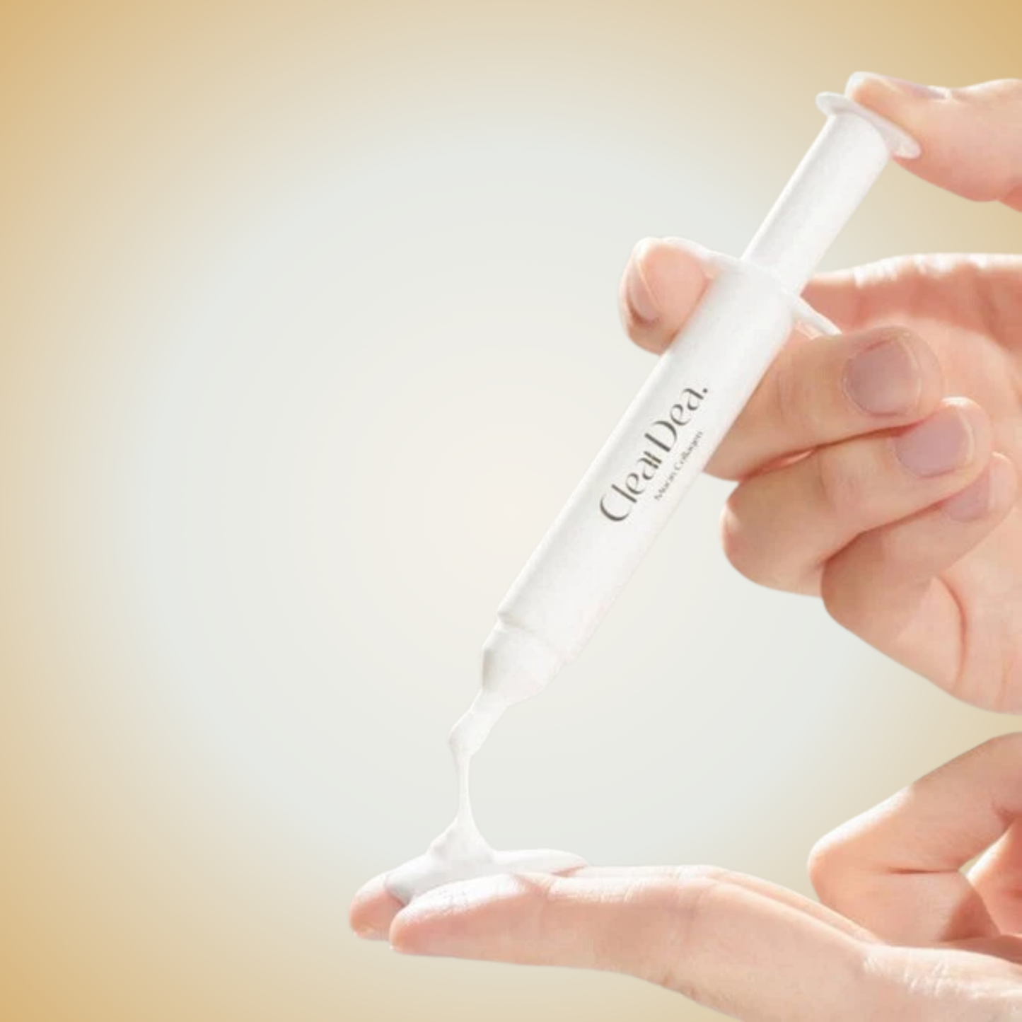 ClearDea Mucin Collagen Voluming Cream Ampoule applied on hand – intensive collagen care for hydration and skin volume.