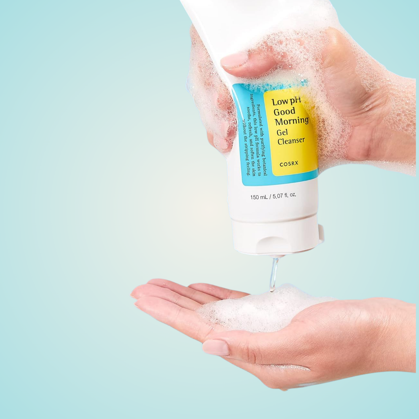 COSRX Low pH Good Morning Gel Cleanser 150ml in hand – gentle foaming cleanser for refreshed, healthy skin.