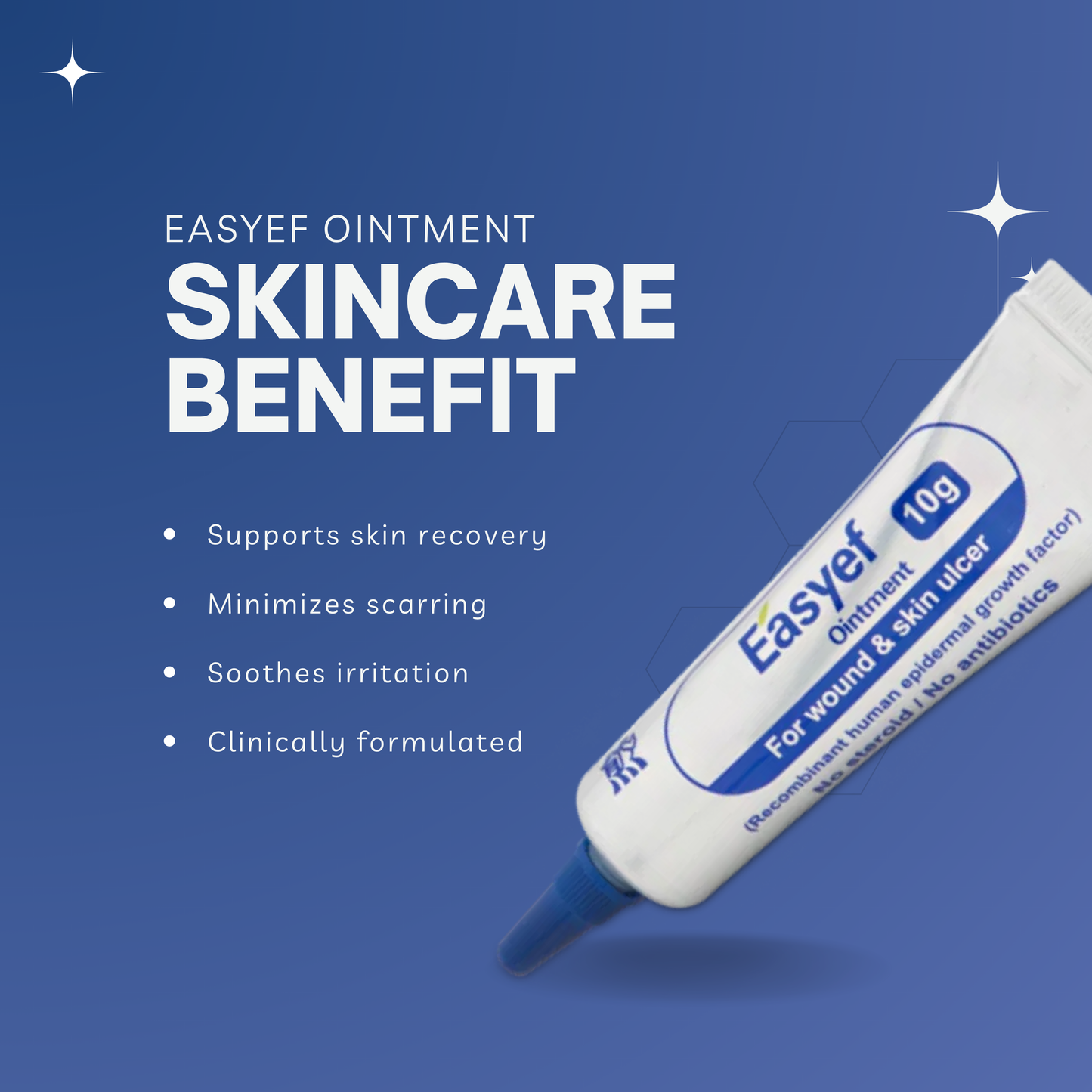 Easyef Saesal Ointment benefits graphic – supports healing, minimizes scars, and soothes irritation