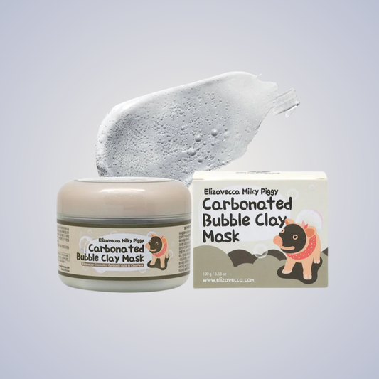 Elizavecca Carbonated Bubble Clay Mask with packaging and gray bubbly texture for pore care.