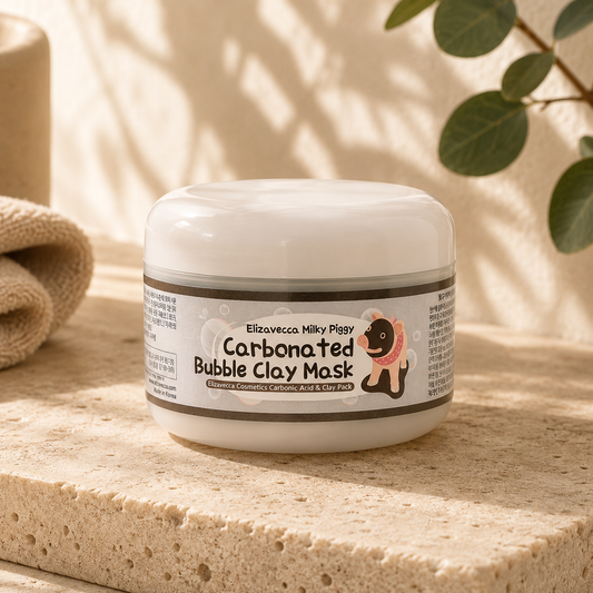 Elizavecca Milky Piggy Carbonated Bubble Clay Mask displayed on warm beige travertine under soft morning sunlight with delicate botanical shadows, showcasing the original jar packaging in a premium Korean skincare editorial hero photograph with a calm, minimalist luxury aesthetic.