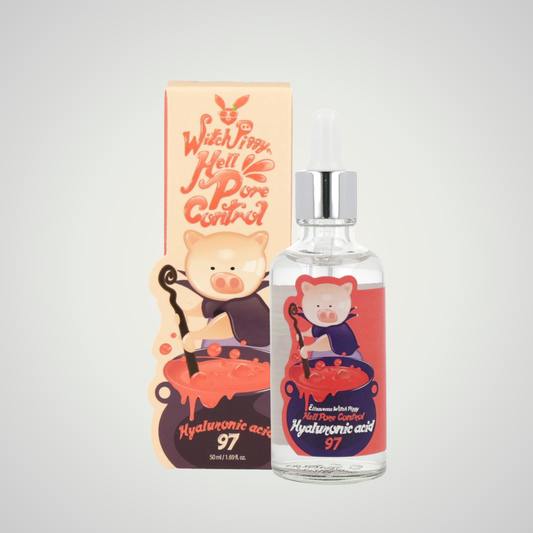 Elizavecca Witch Piggy Hell Pore Control Hyaluronic Acid 97% – hydrating serum with playful packaging.