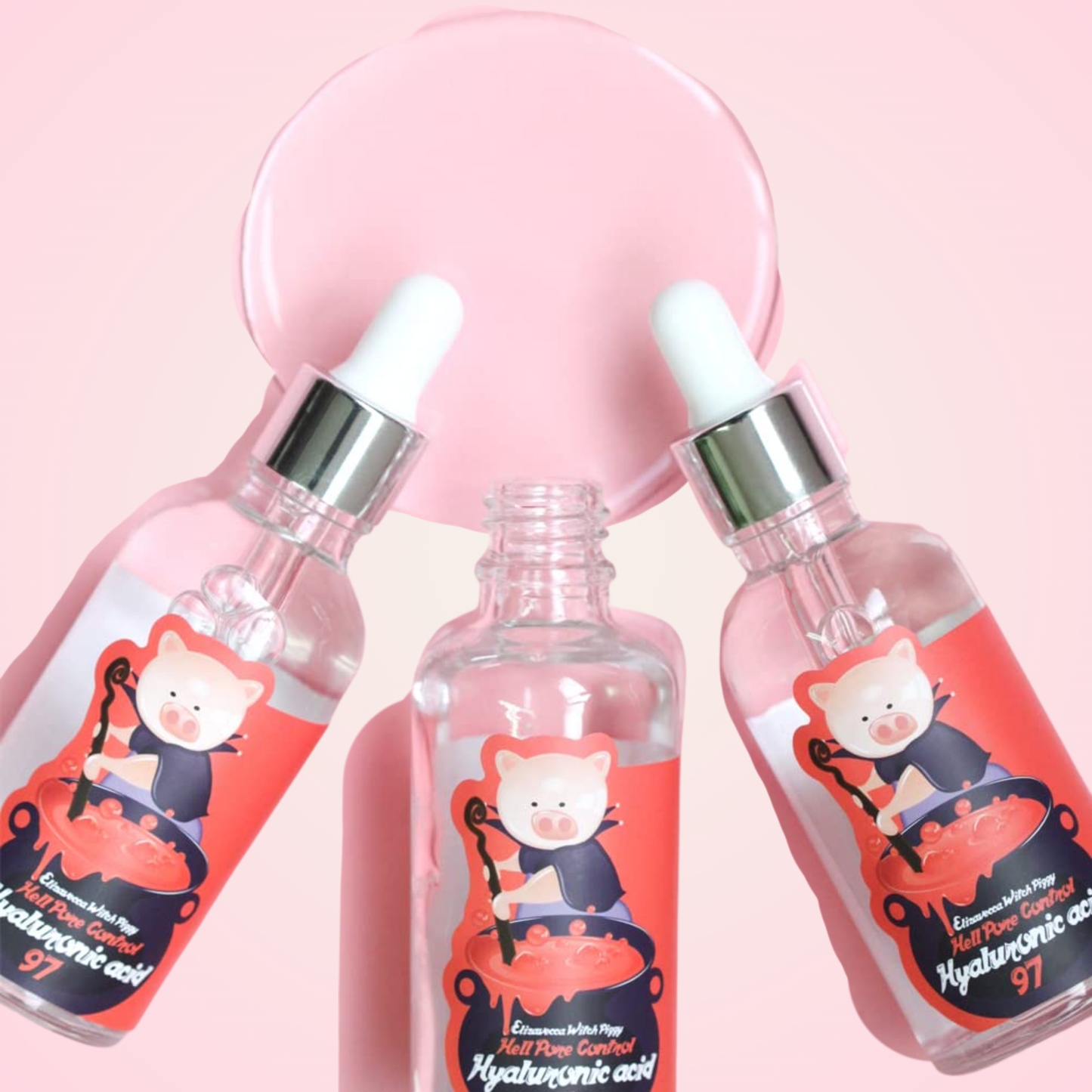 Close-up of Elizavecca Witch Piggy Hyaluronic Acid 97% serum dropper with lightweight formula.
