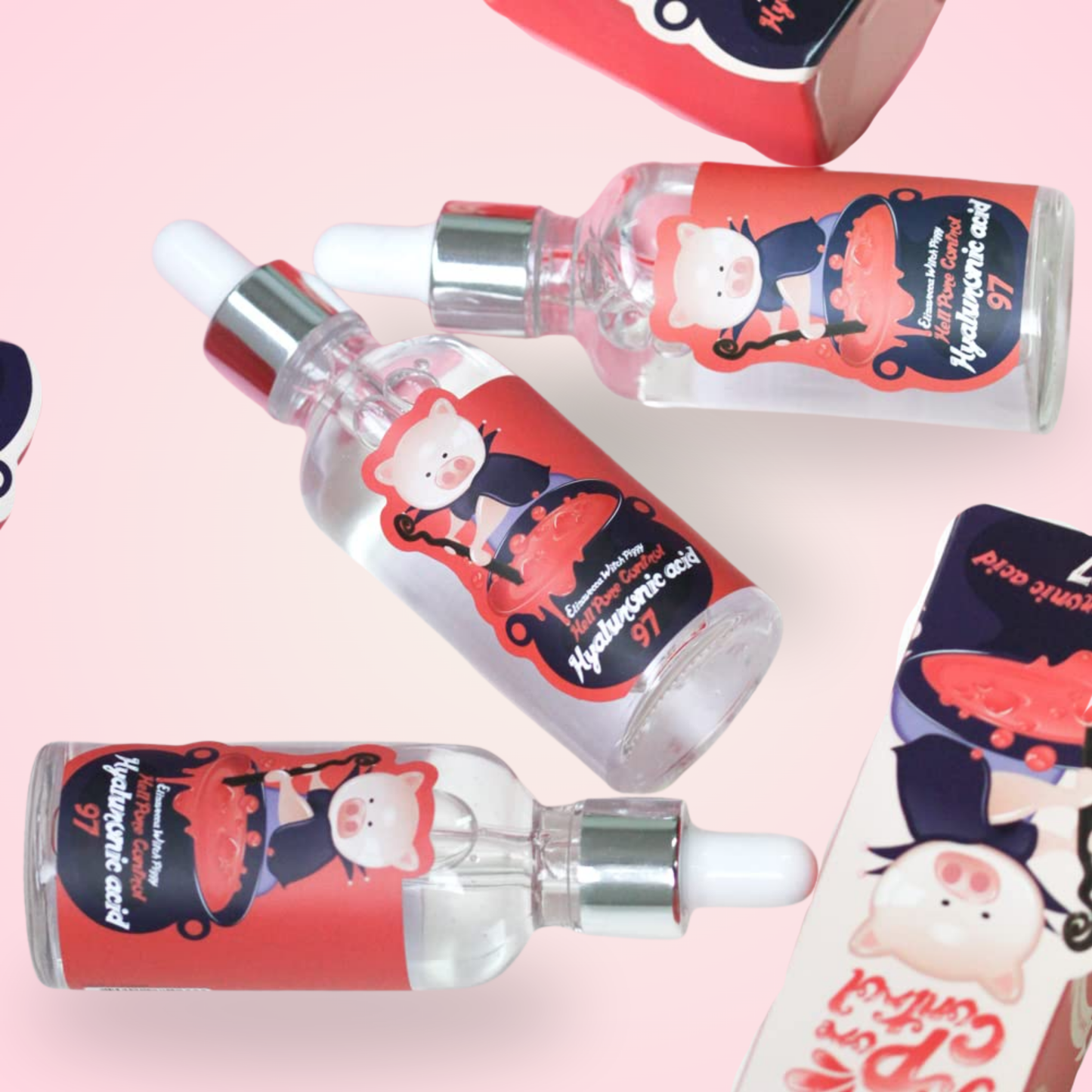Flat lay of Elizavecca Witch Piggy Hyaluronic Acid 97% – fun, hydrating serum for dewy skin.