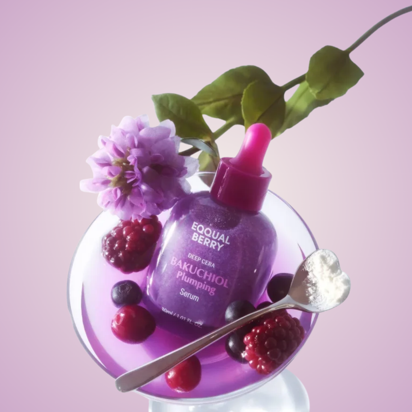 Bakuchiol Plumping Serum by EQQUALBERRY with floral & berry flatlay