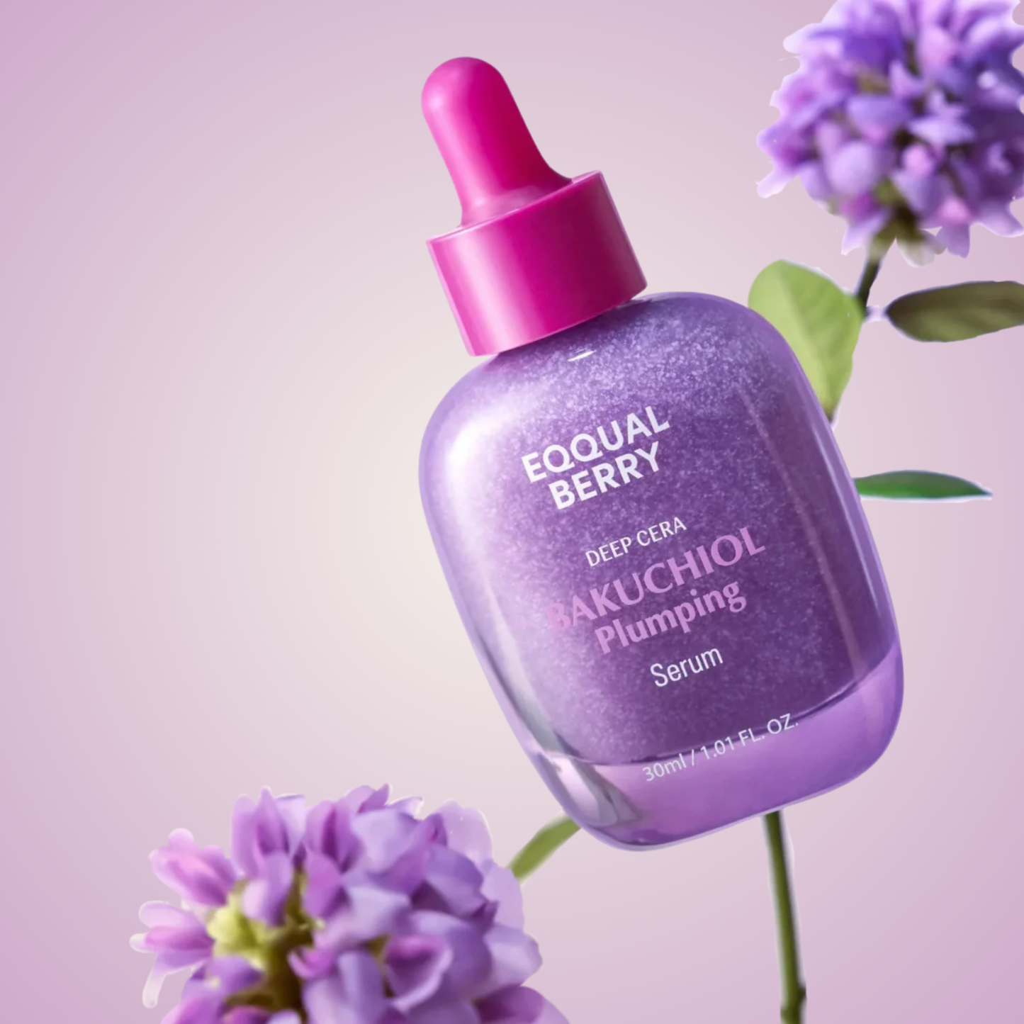 EQQUALBERRY Bakuchiol Plumping Serum bottle with purple glow