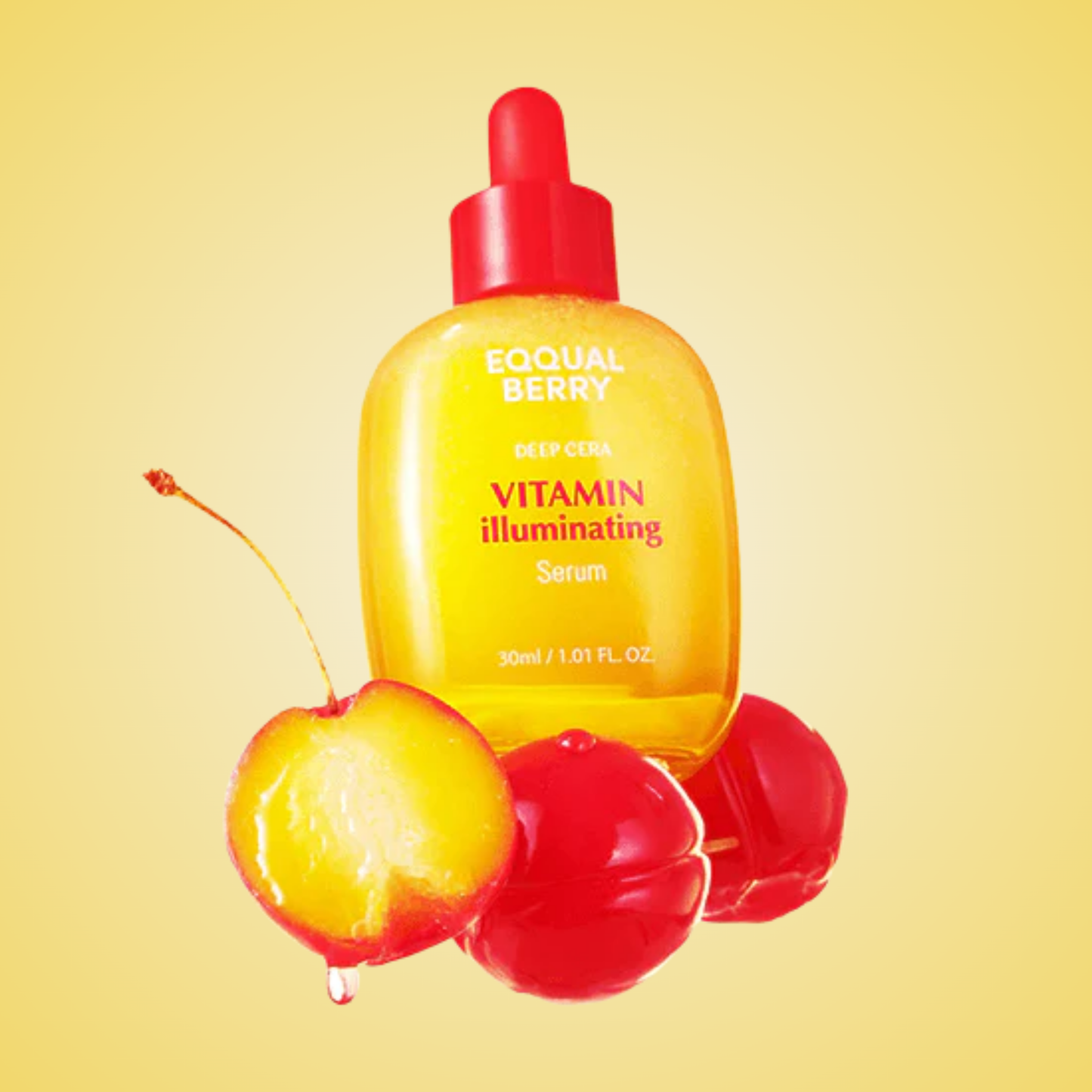 Vitamin serum bottle with cherry accent — EQQUALBERRY Illuminating Serum