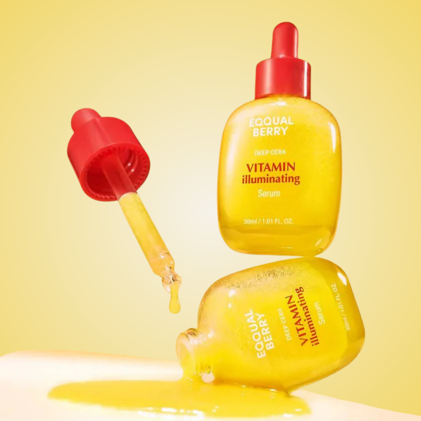 Dropper and bottle of EQQUALBERRY Vitamin Illuminating Serum — glow serum