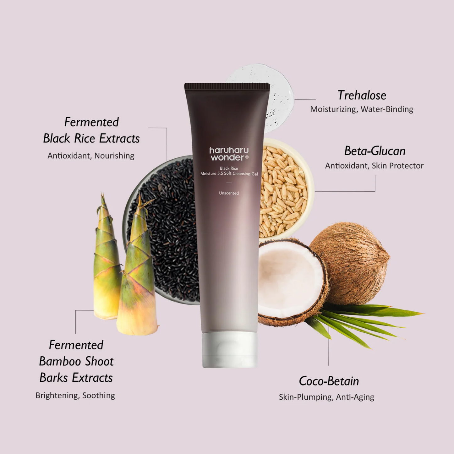 haruharu wonder Cleansing Gel ingredients – fermented black rice, beta-glucan, and coconut-derived cleansers
