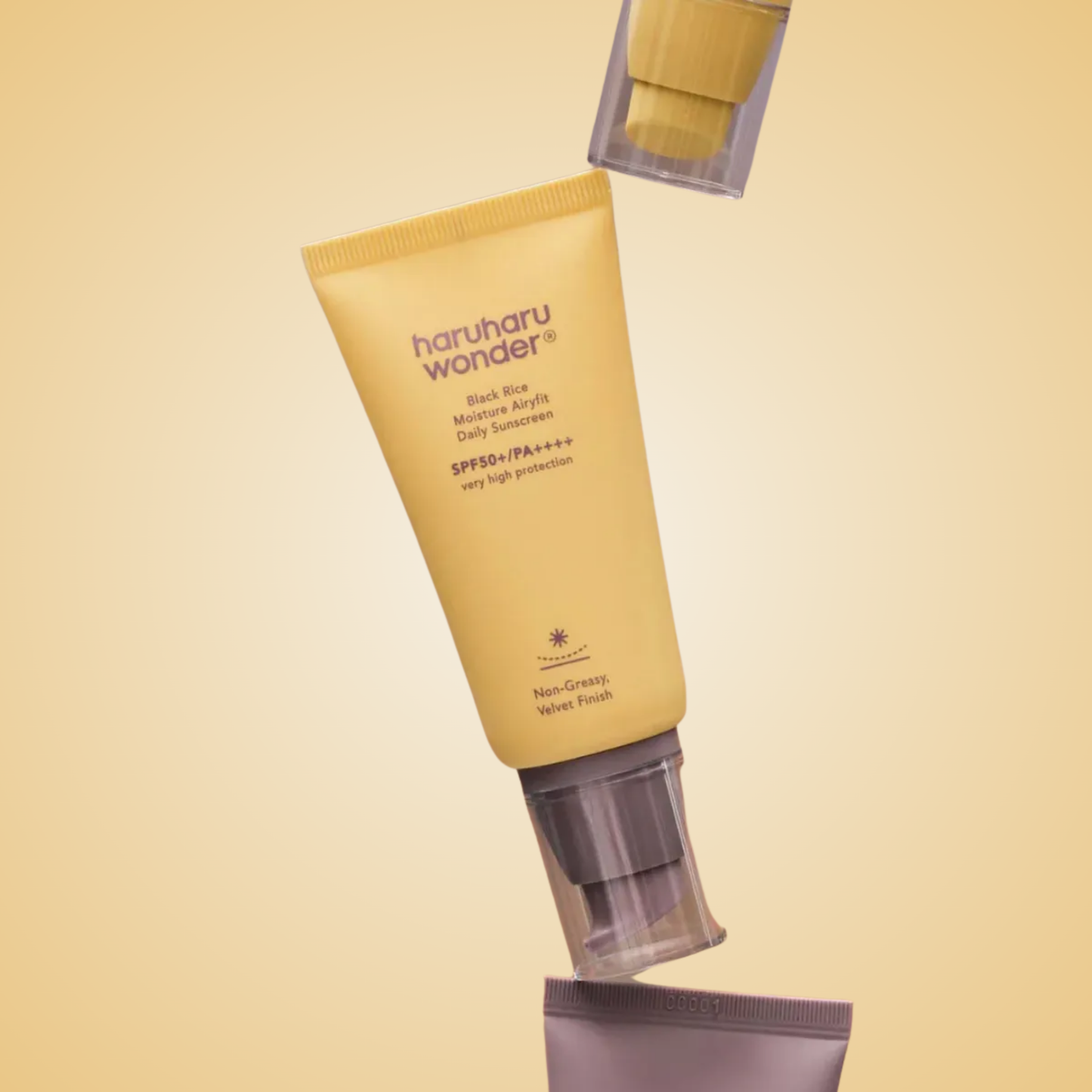 Flatlay of haruharu wonder Black Rice Moisture Airyfit Daily Sunscreen – hydrating, brightening SPF for everyday glow