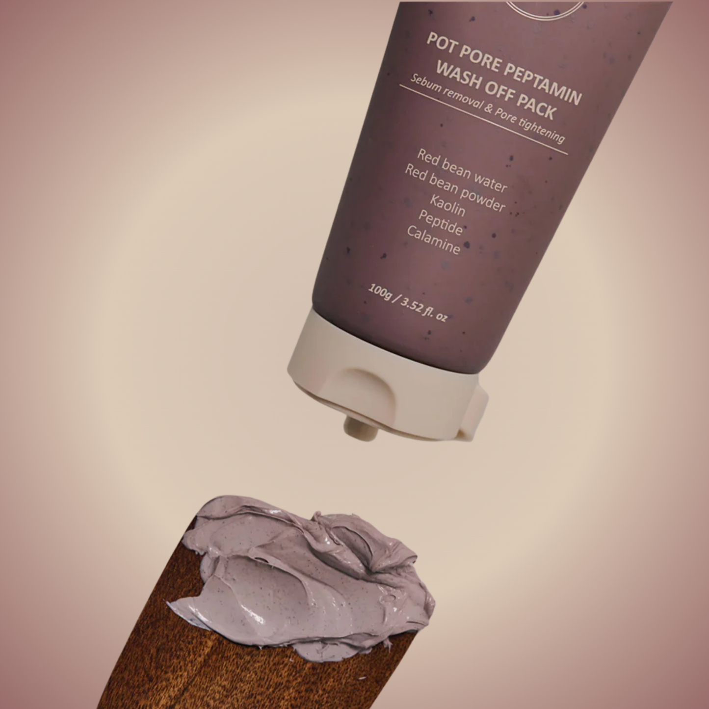 Heveblue Pot Pore Peptamin Wash Off Pack texture on spatula – soothing pore care mask with red bean extract.