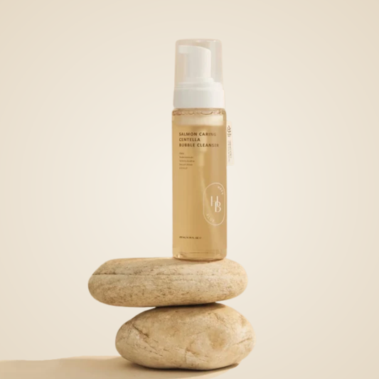 Heveblue Salmon Caring Centella Bubble Cleanser with broccoli and centella – nourishing foaming cleanser for daily use.