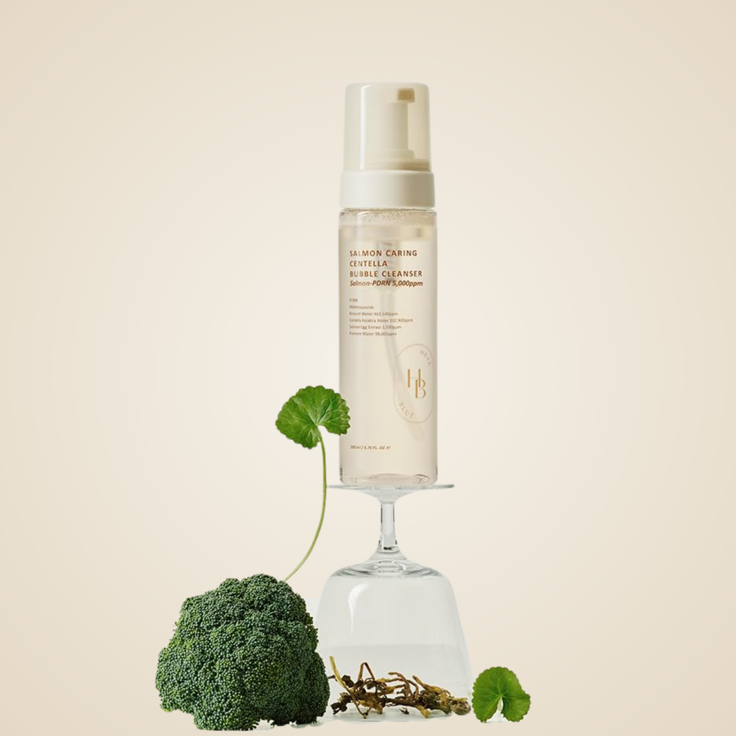 Heveblue Salmon Caring Centella Bubble Cleanser with broccoli and centella – nourishing foaming cleanser for daily use.