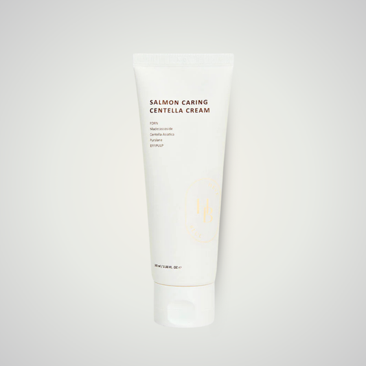 HEVEBLUE Salmon Caring Centella Cream 100ml – soothing cream with salmon extract and centella for calm, hydrated skin.