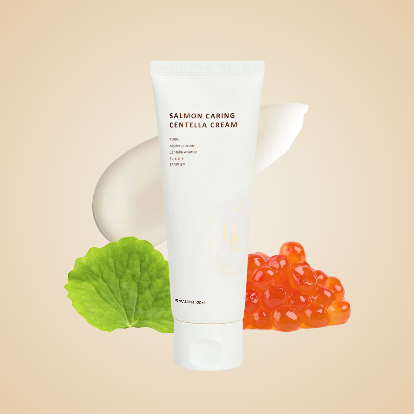HEVEBLUE Salmon Caring Centella Cream with salmon roe and centella asiatica – nourishing cream for hydration and skin barrier care.
