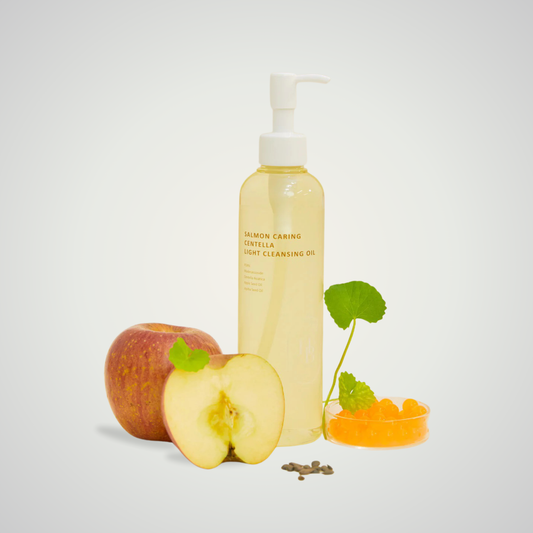 Heveblue Salmon Caring Centella Light Cleansing Oil 250ml with apple, citrus, and centella – nourishing oil cleanser for fresh skin.