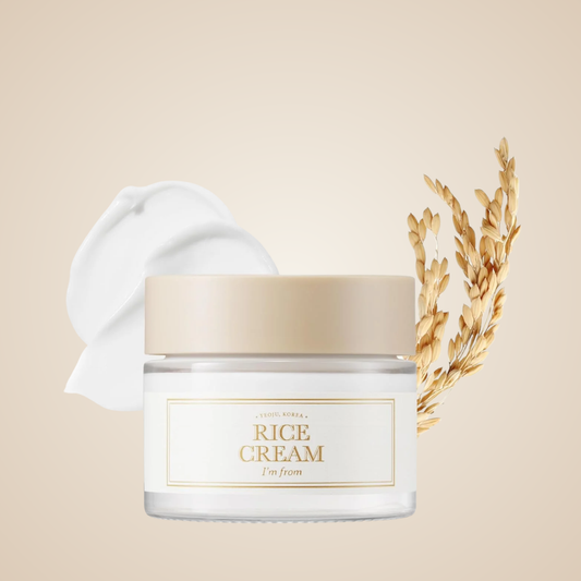 I’m From Rice Cream jar beside rice grains – brightening and hydrating face cream