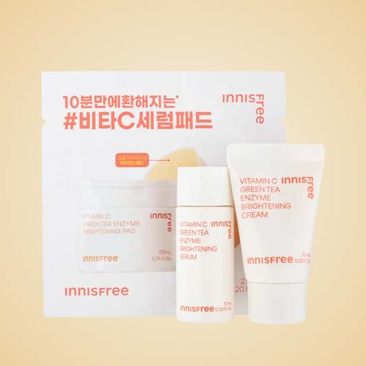 Innisfree Vitamin C Green Tea Enzyme Brightening Kit – serum, cream, toner pads
