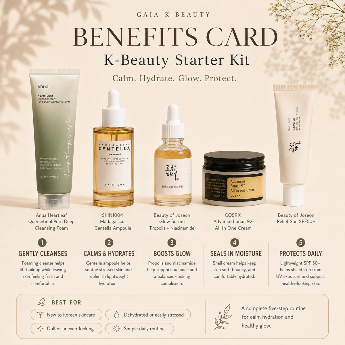 A promotional benefits card for the Gaia K-Beauty Starter Kit, featuring five skincare products arranged on a beige background with text detailing their benefits: gentle cleansing, calming and hydrating, boosting glow, sealing in moisture, and protecting daily. The products include facial foaming cleanser, serum, cream, and sunscreen.