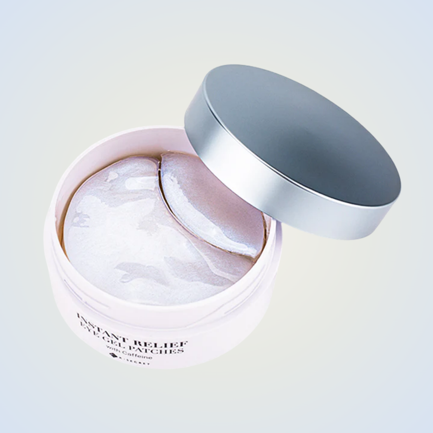 Open jar of KSECRET caffeine eye patches – smooth, hydrating hydrogel pads for puffiness relief