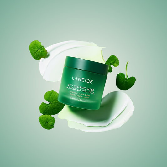 Laneige Cica Sleeping Mask with creamy texture and leaves
