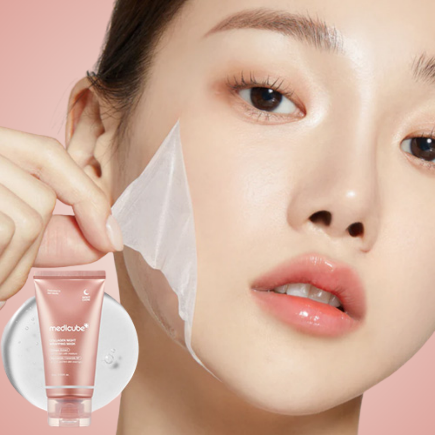 Model applying Medicube Collagen Night Wrapping Mask – hydrating night treatment for youthful, radiant skin.