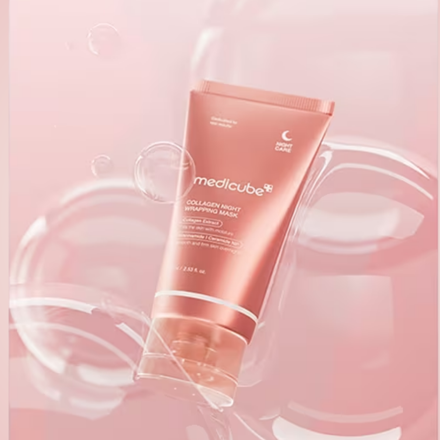 Medicube Collagen Night Wrapping Mask styled with bubbles – intensive night mask to smooth and firm skin.