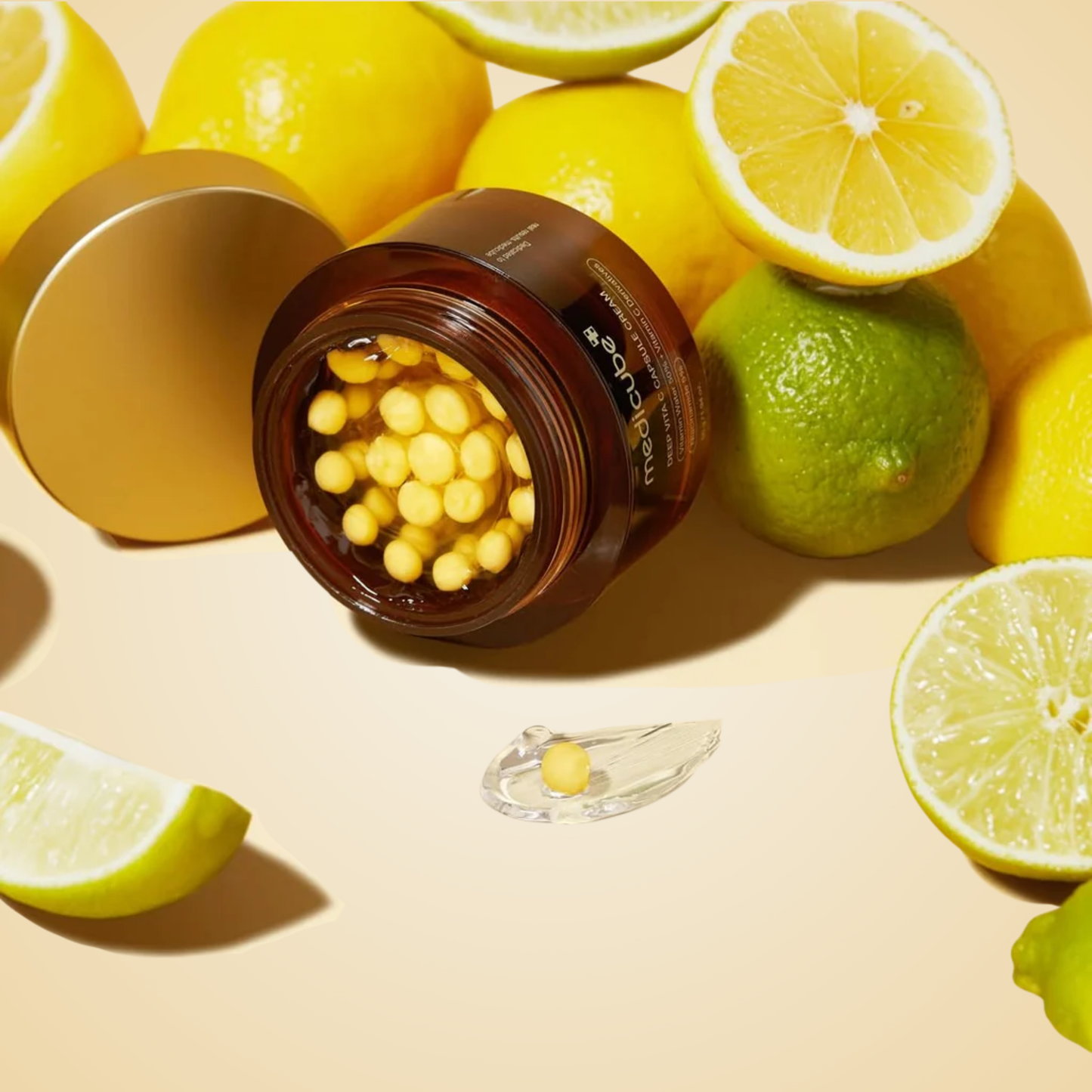 medicube Deep Vita C Capsule Cream 55g surrounded by fresh citrus fruits for radiance.