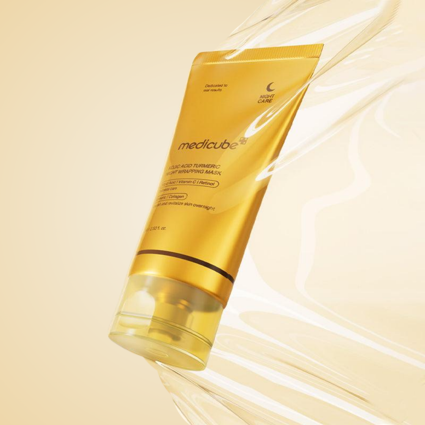 Angled view of medicube Kojic Acid Turmeric Night Wrapping Mask 75ml with gel spread texture.