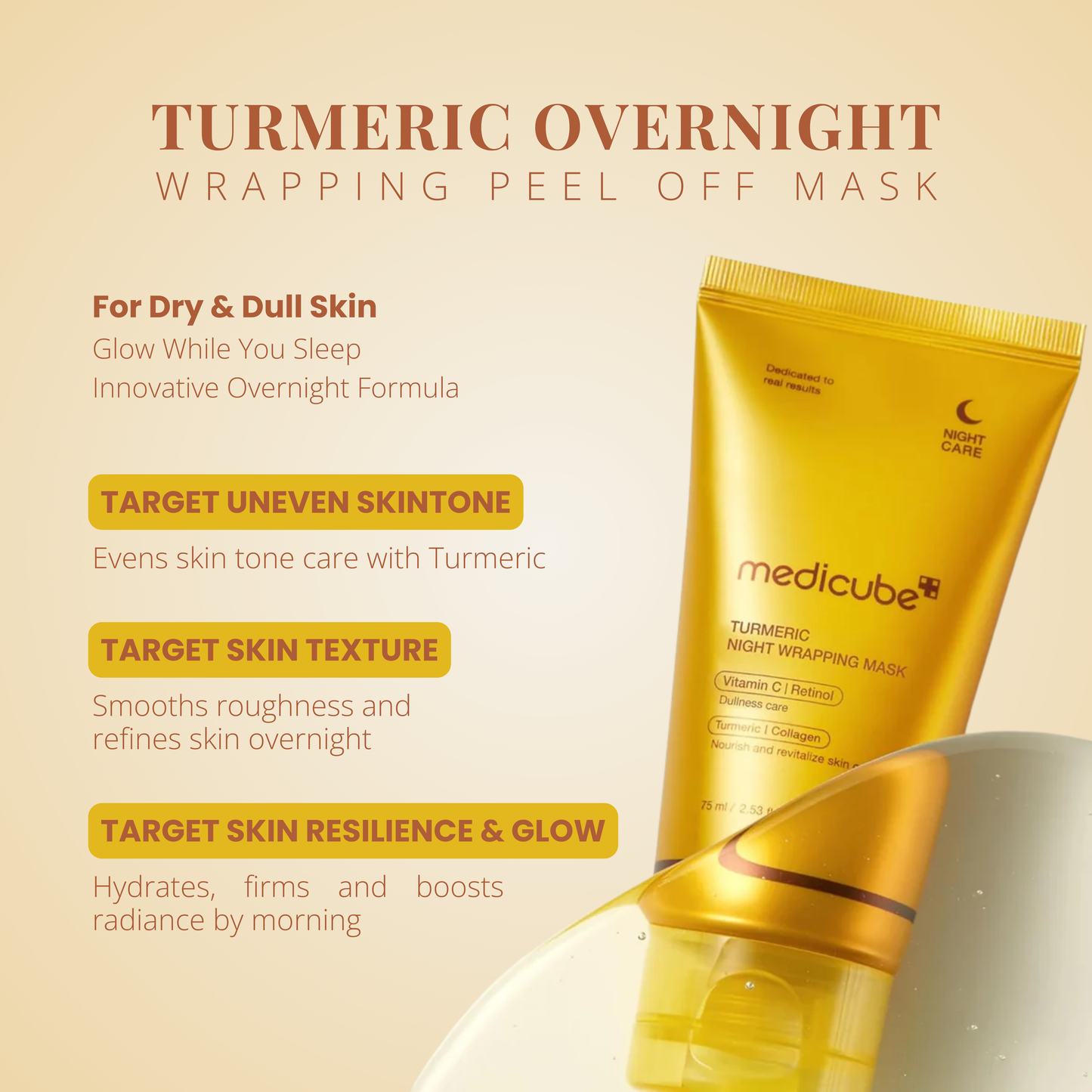medicube Kojic Acid Turmeric Night Wrapping Mask 75ml benefits: brightens uneven tone, refines texture, boosts overnight glow.