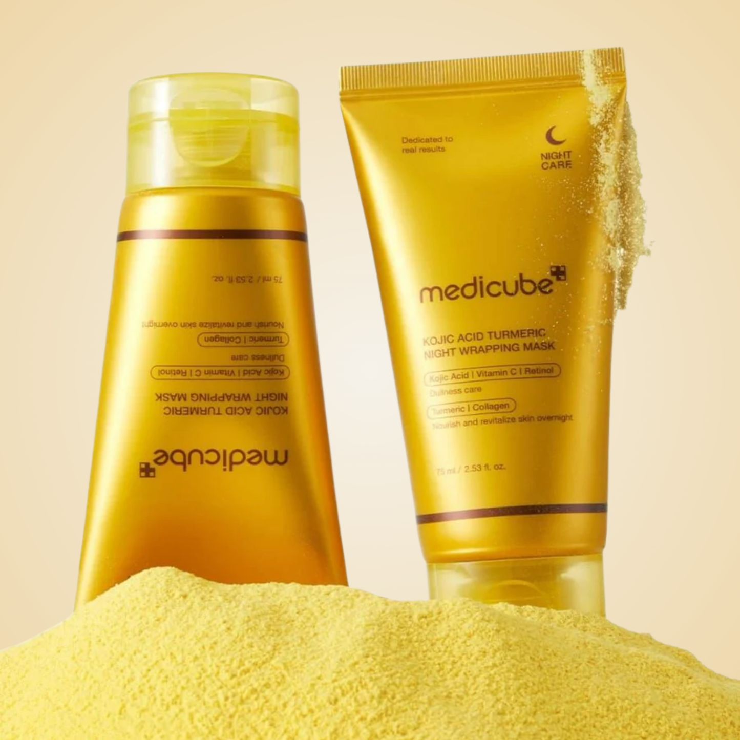medicube Kojic Acid Turmeric Night Wrapping Mask 75ml displayed with turmeric powder for glow.
