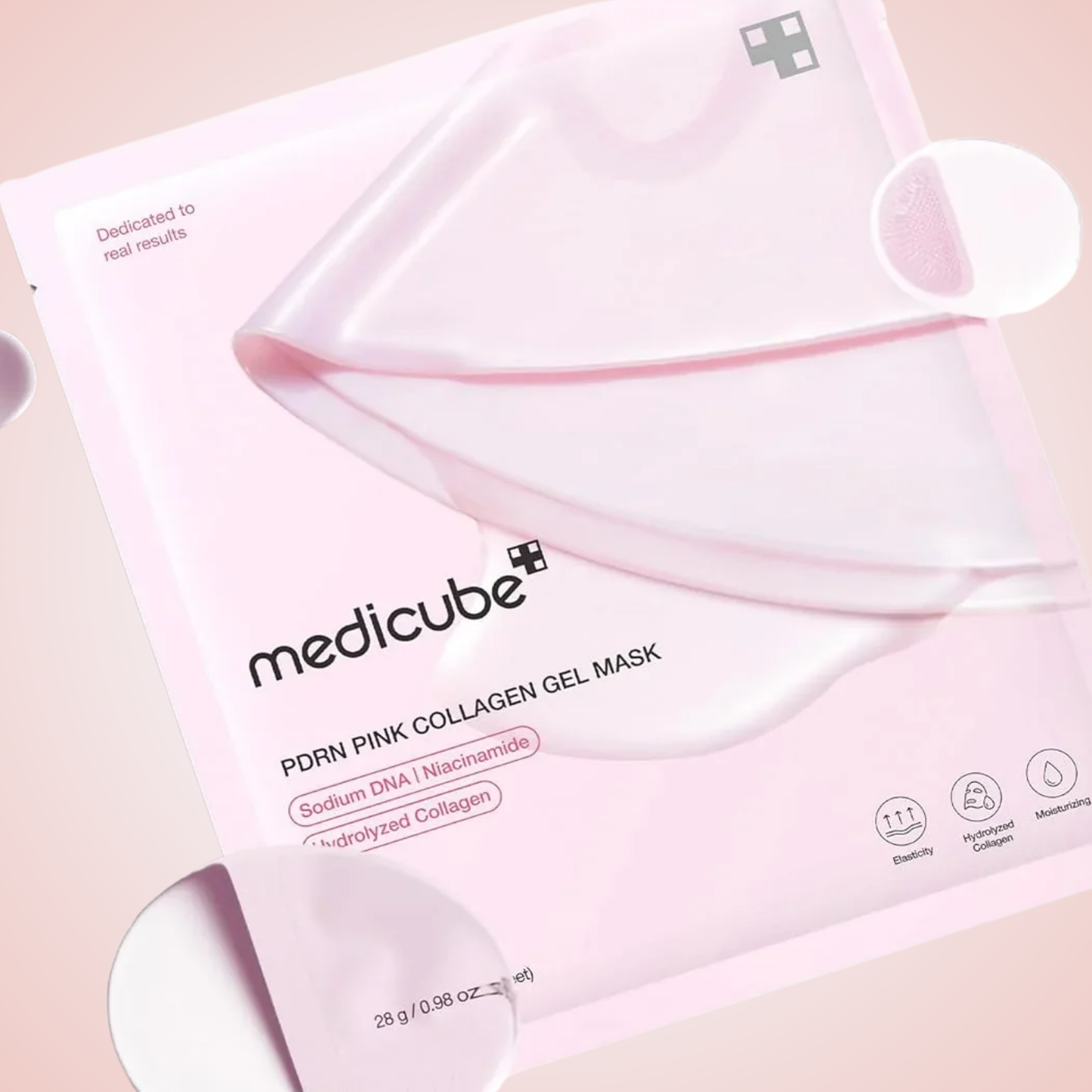 Close-up of Medicube PDRN Pink Collagen Gel Mask packaging – collagen-rich sheet mask for youthful skin.